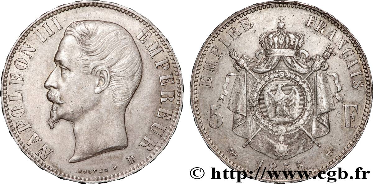 5 francs Napoléon III, tête nue 1855 Lyon F.330/5 TTB+ 