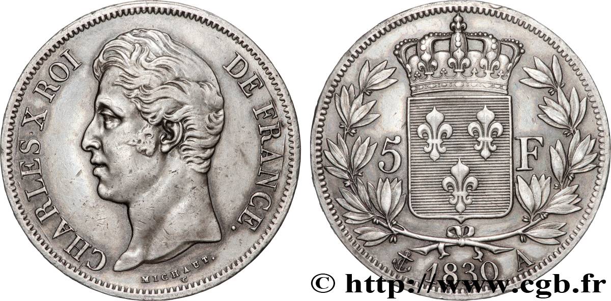 5 francs Charles X 2e type, tranche en relief 1830 Paris F.312/1 VF 