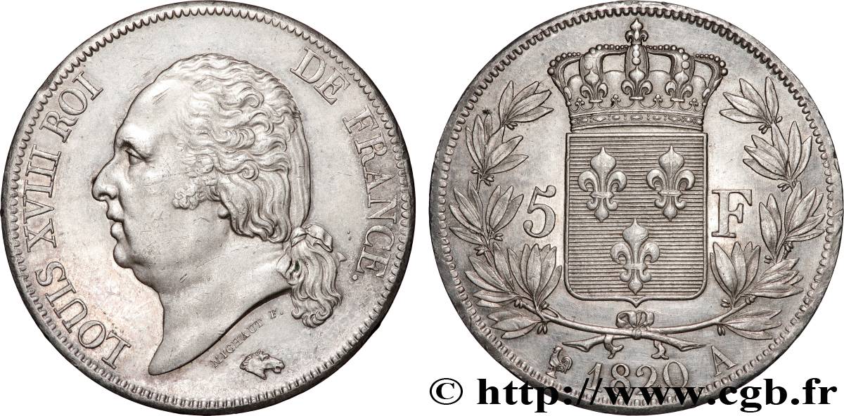 5 francs Louis XVIII, tête nue 1820 Paris F.309/49 SUP 