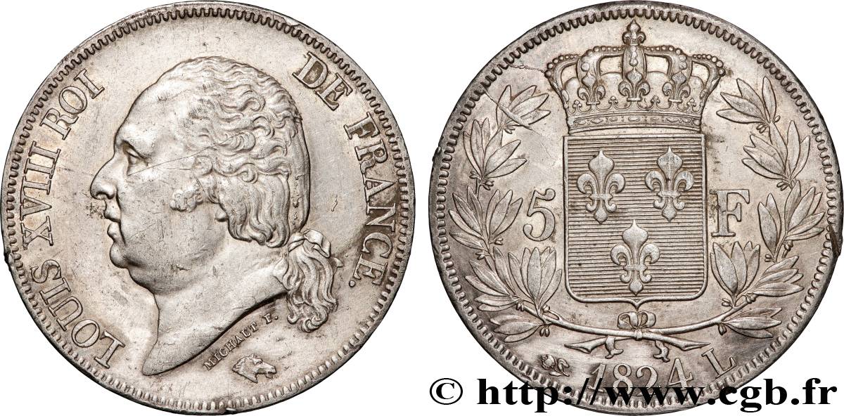 5 francs Louis XVIII, tête nue 1824 Bayonne F.309/94 TTB+ 