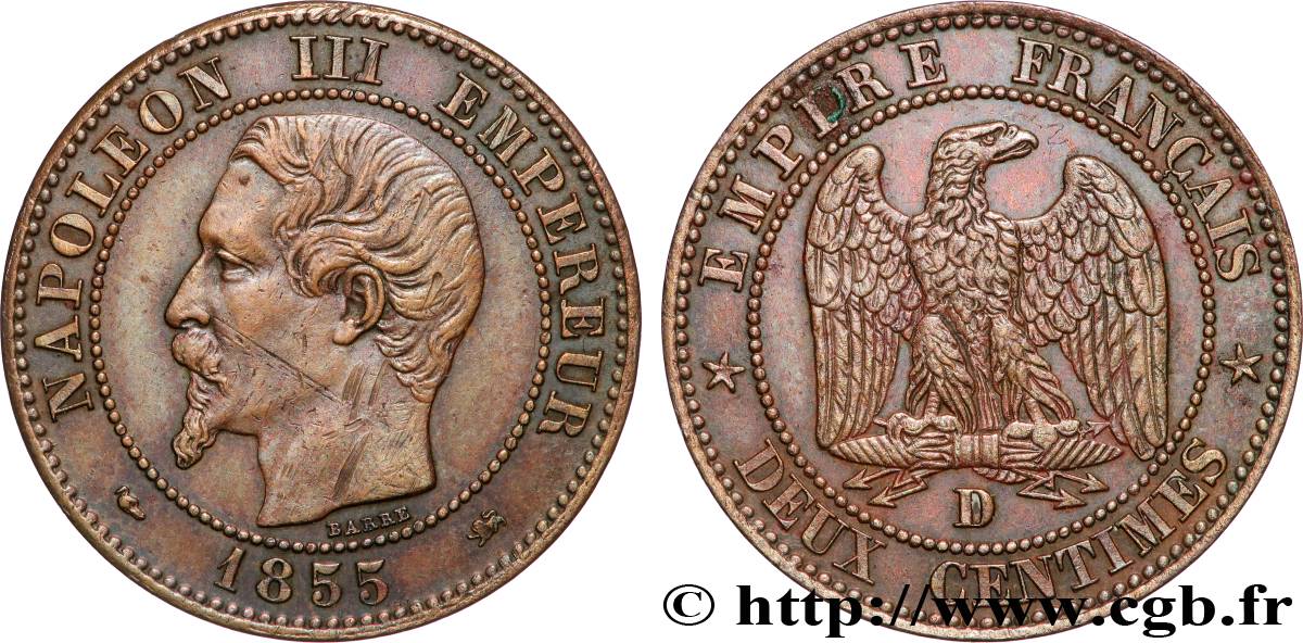Deux centimes Napoléon III, tête nue, différent levrette, grand D et petit lion 1855 Lyon F.107/26 TTB45 