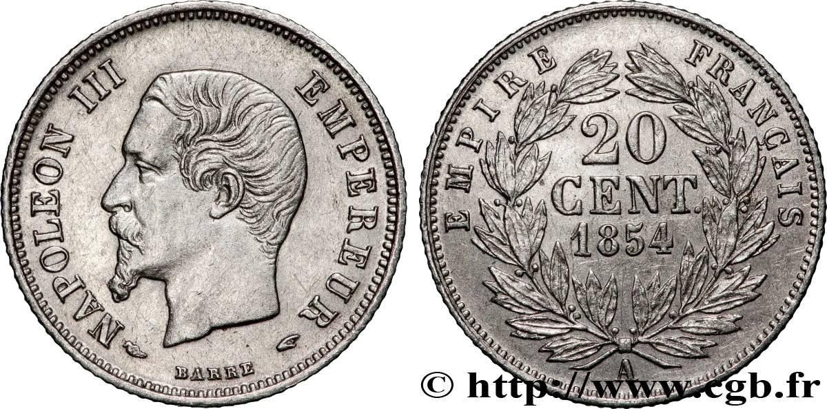 20 centimes Napoléon III, tête nue 1854 Paris F.148/2 VZ+ GENI