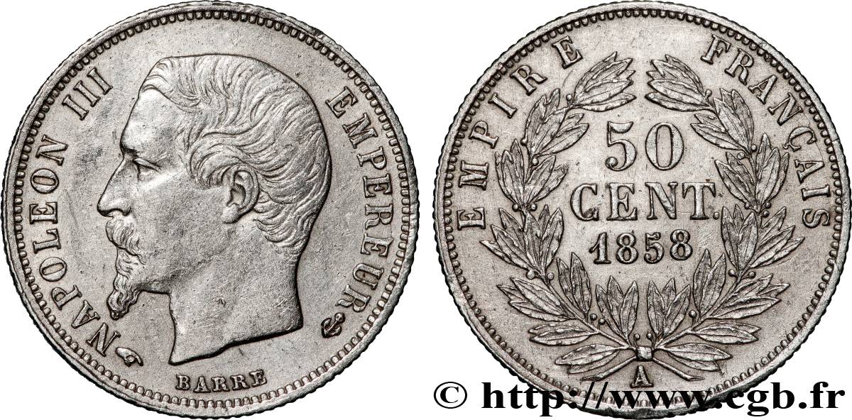 50 centimes Napoléon III, tête nue 1858 Paris F.187/9 VZ 