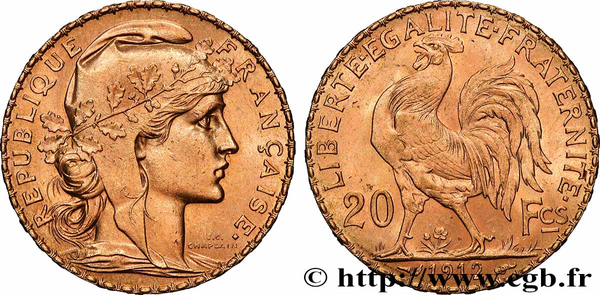 20 francs or Coq, Liberté Égalité Fraternité 1912 Paris F.535/6 SPL 