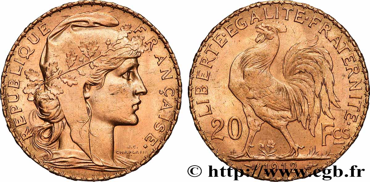 20 francs or Coq, Liberté Égalité Fraternité 1912 Paris F.535/6 SUP+ 