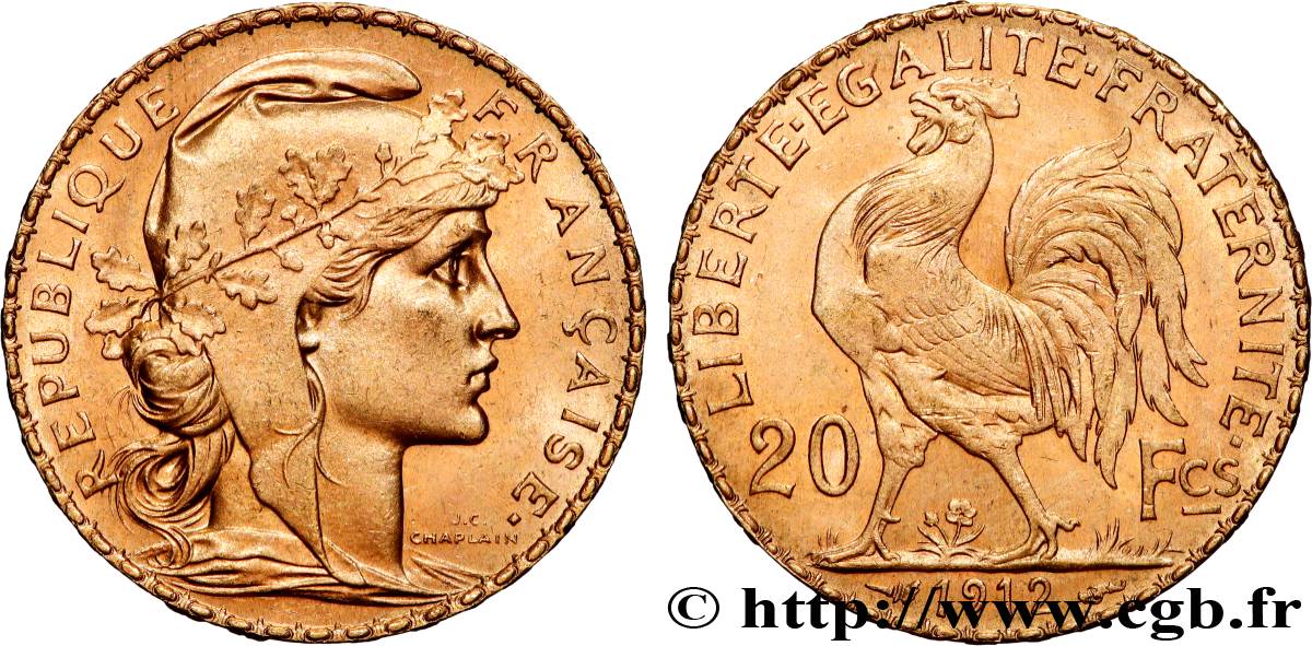 20 francs or Coq, Liberté Égalité Fraternité 1912 Paris F.535/6 SPL 