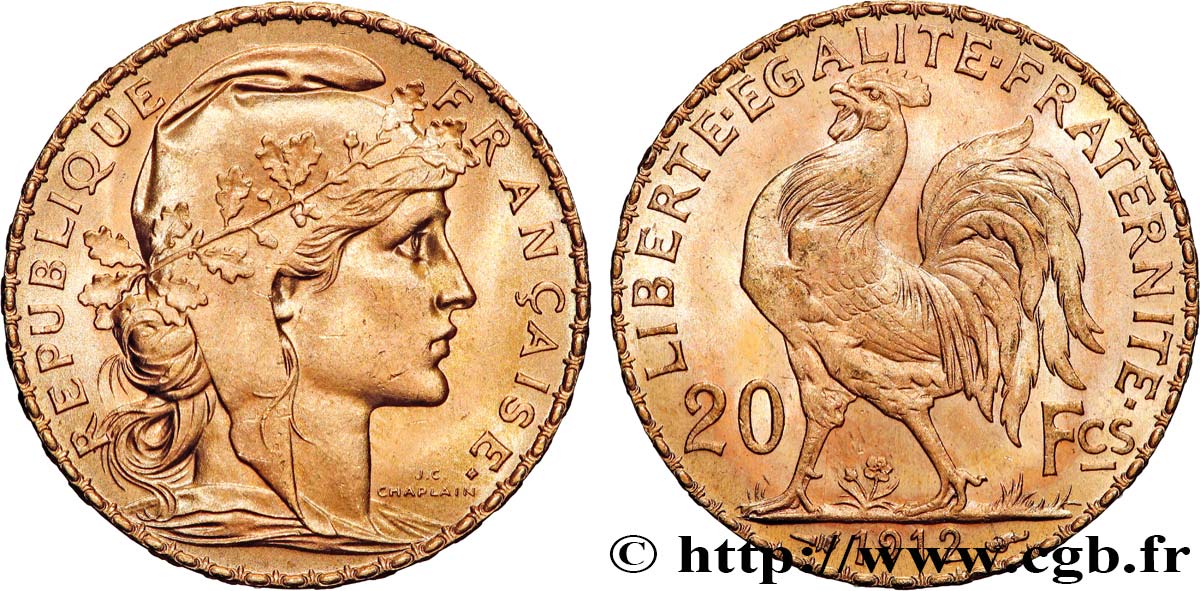 20 francs or Coq, Liberté Égalité Fraternité 1912 Paris F.535/6 SC 