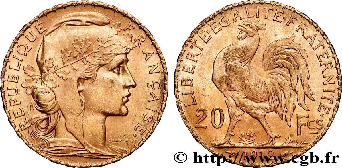 20 francs or Coq, Liberté Égalité Fraternité 1912 Paris F.535/6 SPL+ 