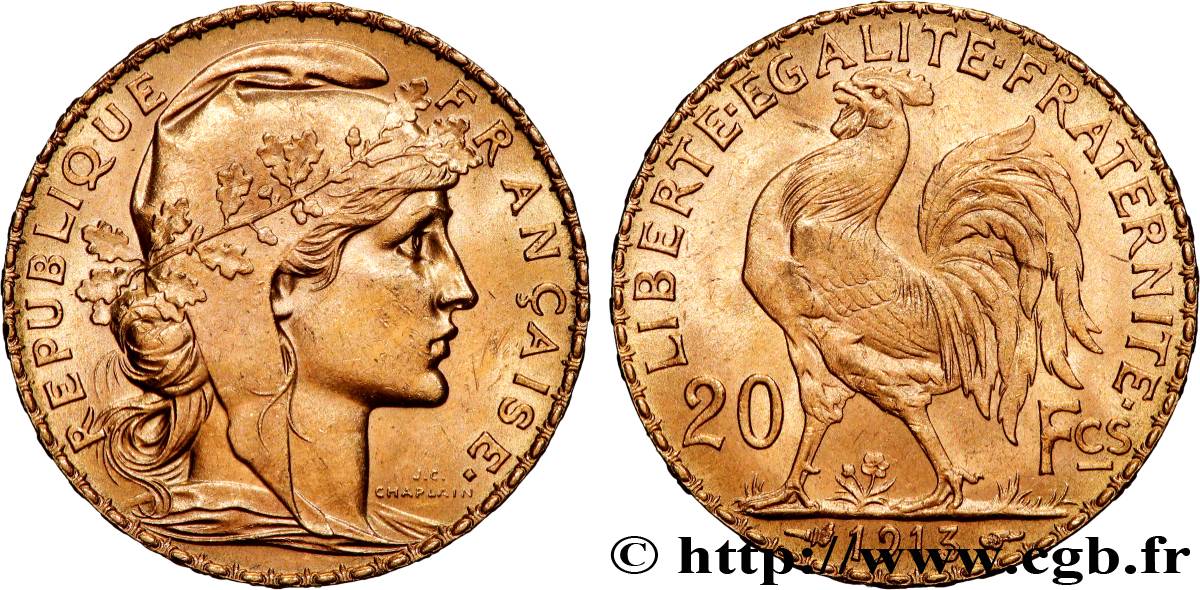 20 francs or Coq, Liberté Égalité Fraternité 1913 Paris F.535/7 SPL+ 