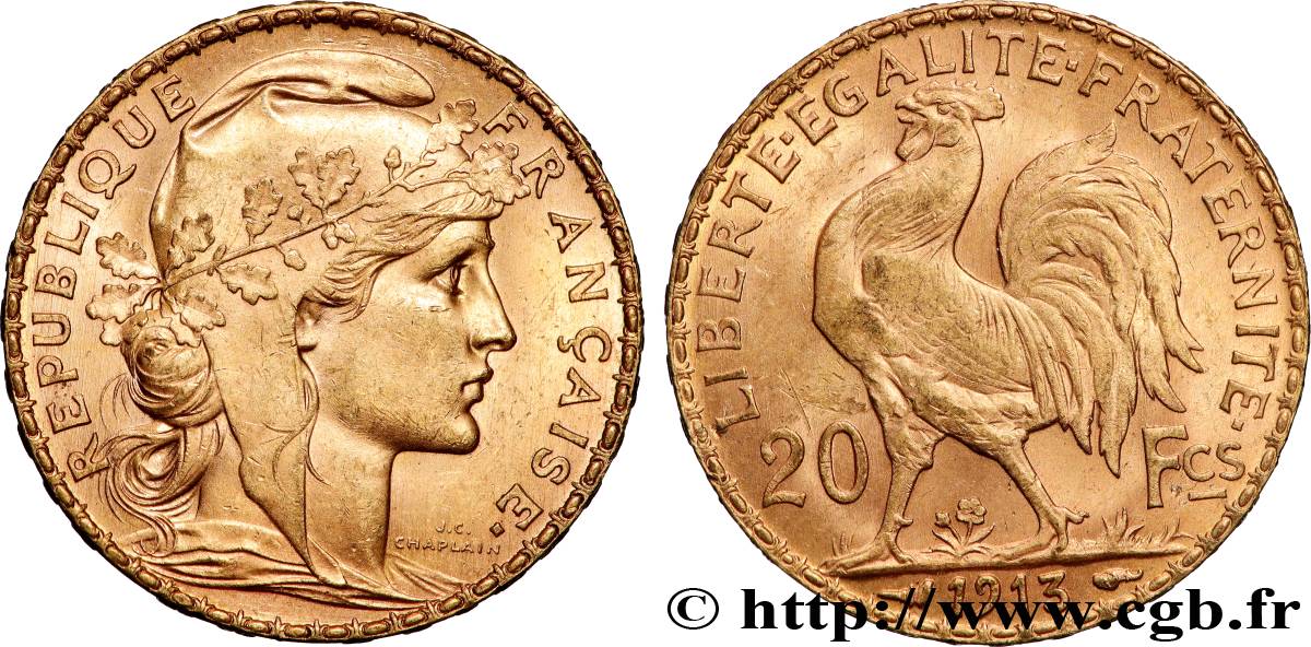 20 francs or Coq, Liberté Égalité Fraternité 1913 Paris F.535/7 SUP+ 