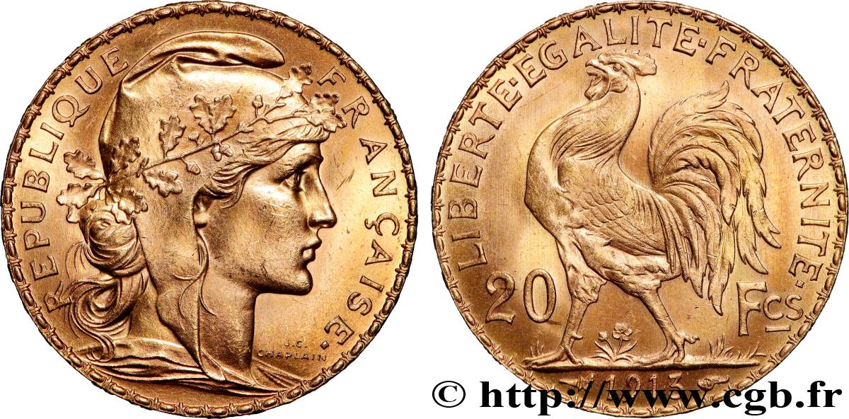 20 francs or Coq, Liberté Égalité Fraternité 1913 Paris F.535/7 fST 