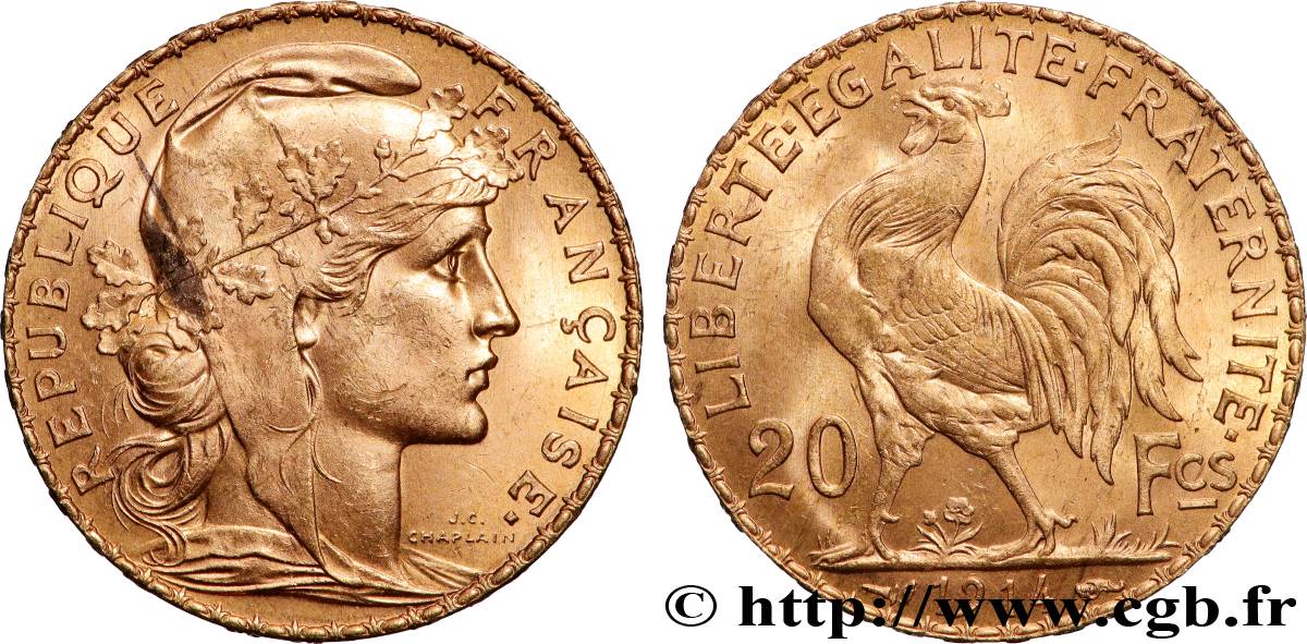 20 francs or Coq, Liberté Égalité Fraternité 1914 Paris F.535/8 VZ 