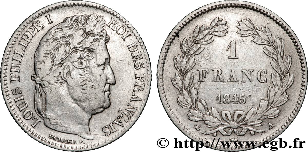 1 franc Louis-Philippe, couronne de chêne 1845 Paris F.210/100 TB+ 