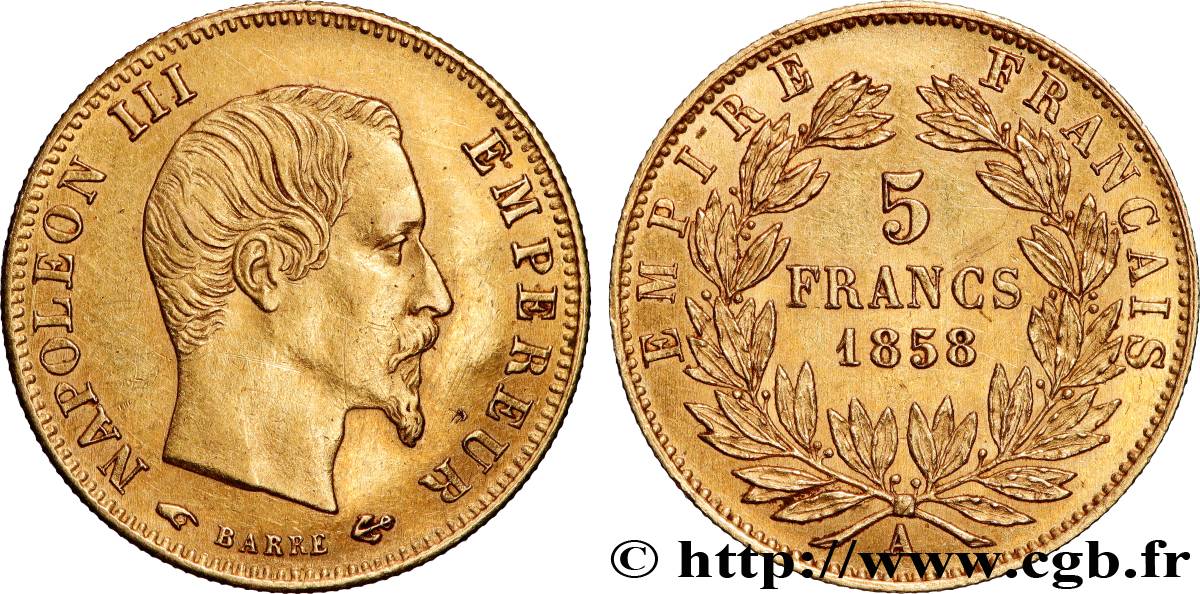 5 francs or Napoléon III, tête nue, grand module 1858 Paris F.501/5 MBC+ 