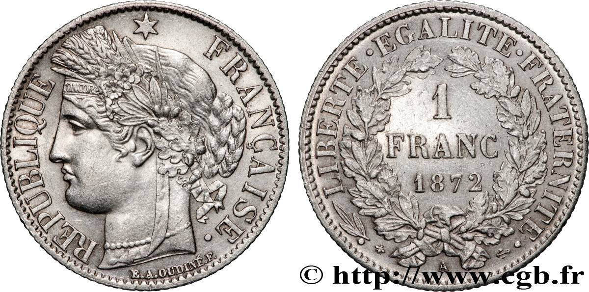 1 franc Cérès, IIIe République, petit A 1872 Paris F.216/5 SUP+ 