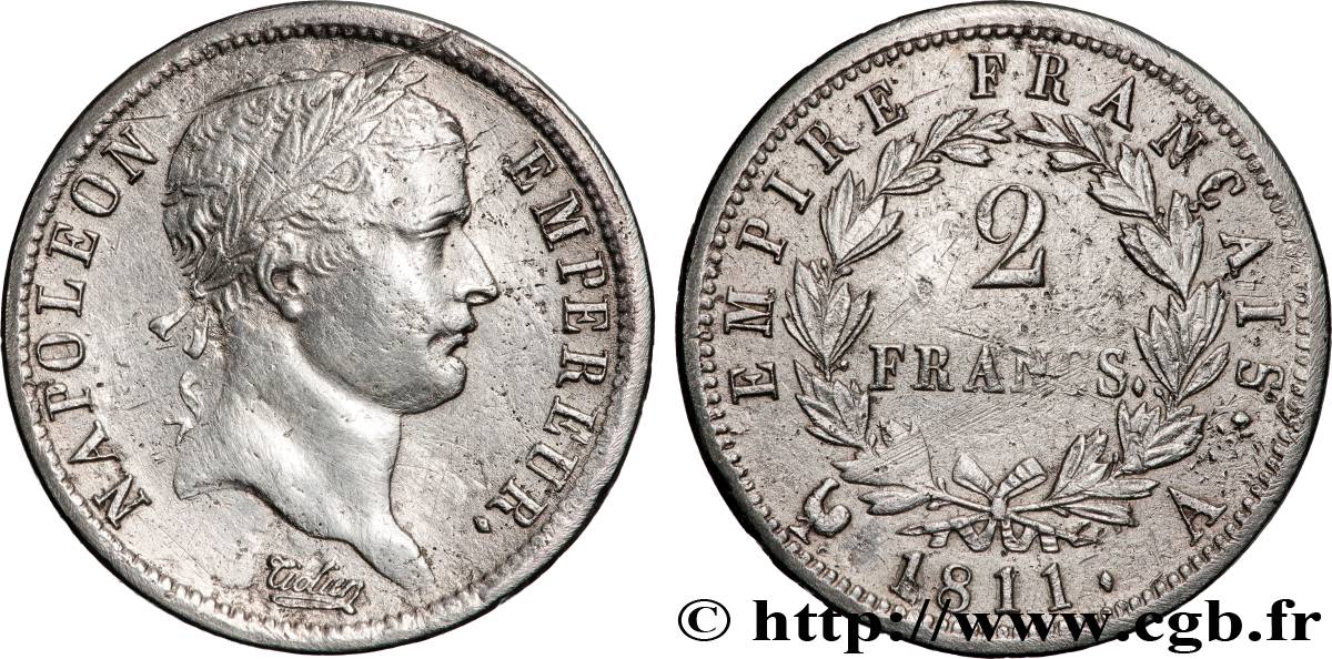 2 francs Napoléon Ier tête laurée, Empire français 1811 Paris F.255/24 TTB 