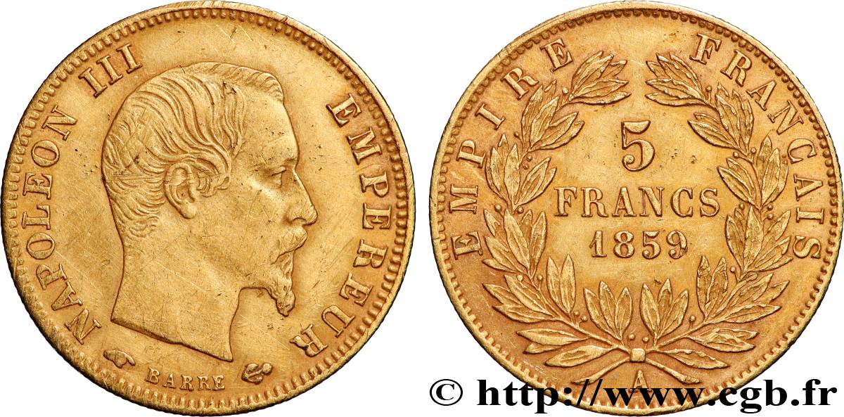 5 francs or Napoléon III, tête nue, grand module 1859 Paris F.501/7 TTB 