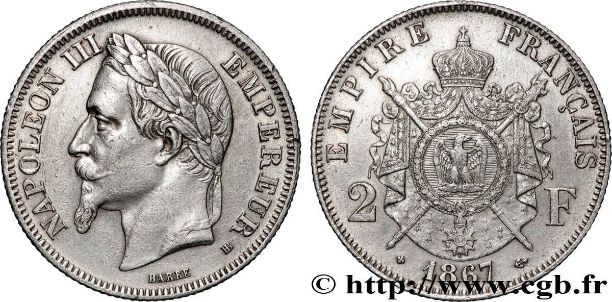 2 francs Napoléon III, tête laurée 1867 Strasbourg F.263/6 TTB+ 