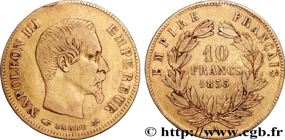 10 francs or Napoléon III, tête nue, grand module 1855 Paris F.506/1 TB+ 