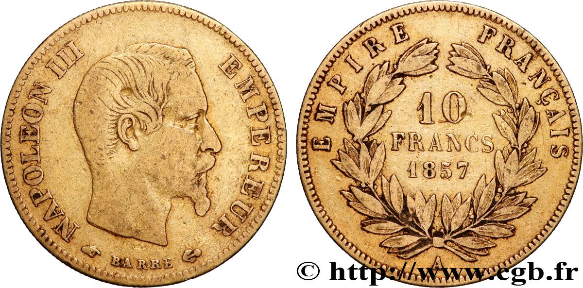 10 francs or Napoléon III, tête nue 1857 Paris F.506/4 TB 