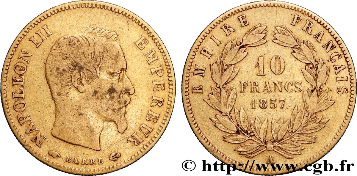 10 francs or Napoléon III, tête nue 1857 Paris F.506/4 TB 