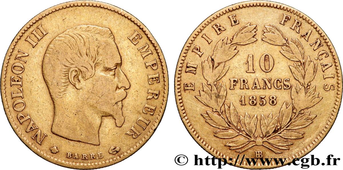 10 francs or Napoléon III, tête nue, grand module 1858 Strasbourg F.506/6 TB 