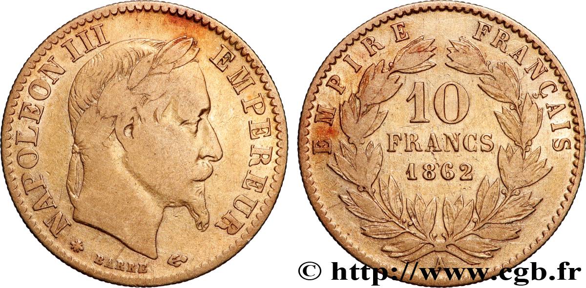 10 francs or Napoléon III, tête laurée, type définitif à grand 10 1862 Paris F.507A/1 TB 