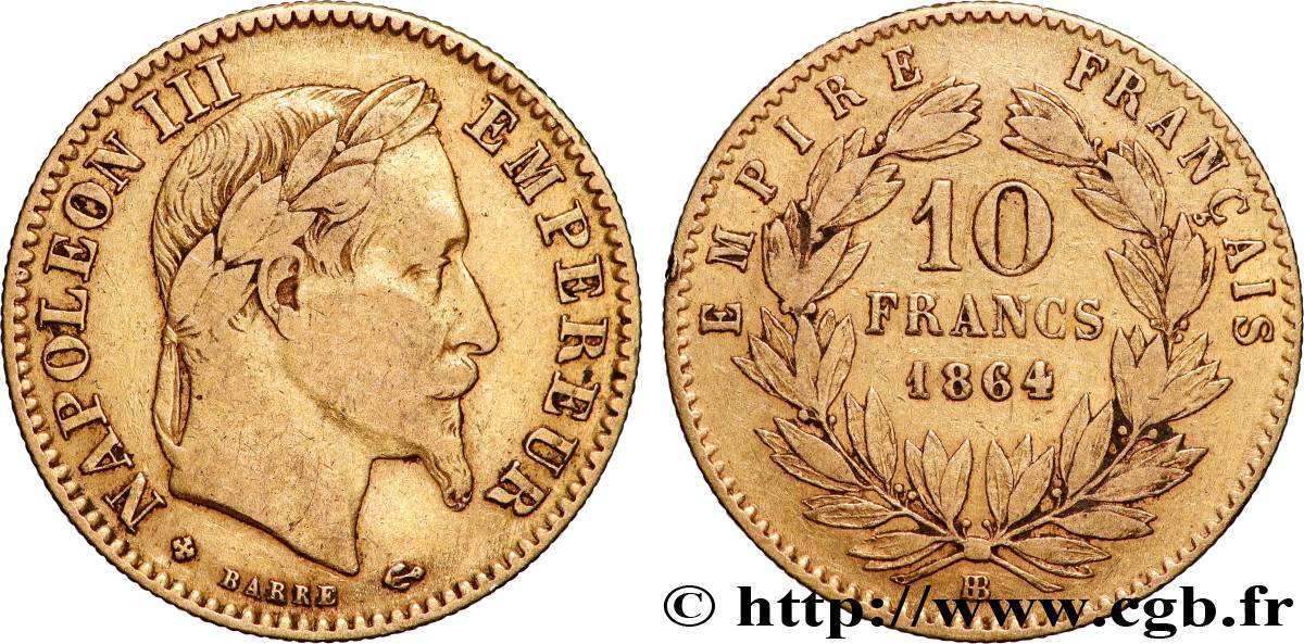 10 francs or Napoléon III, tête laurée 1864 Strasbourg F.507A/7 BC 
