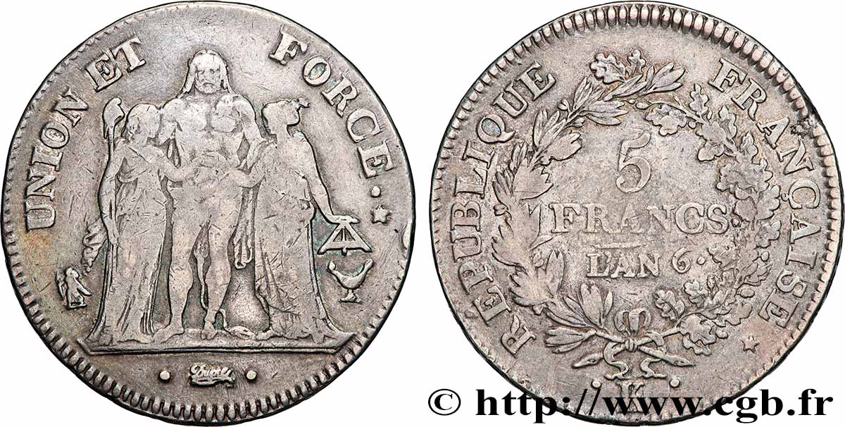 5 francs Union et Force, Union serré, seulement gland extérieur 1798 Bordeaux F.288/56 TB 