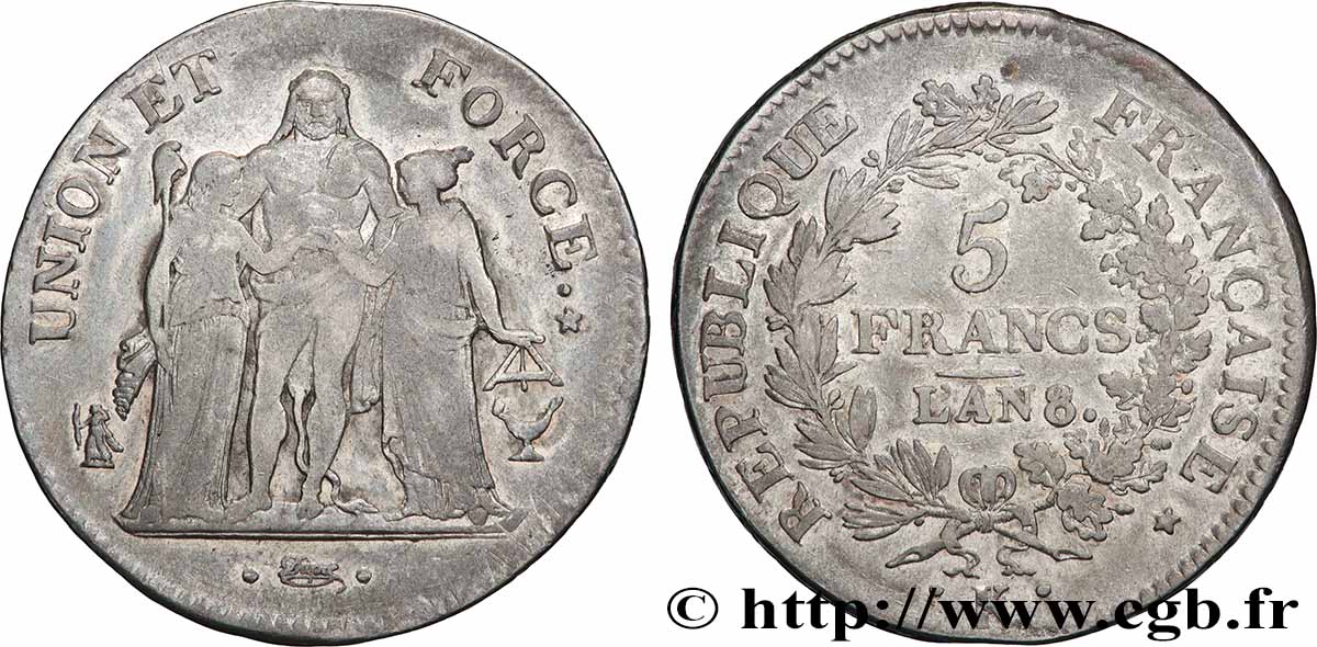 5 francs Union et Force, Union serré, sans gland intérieur du haut, avec gland extérieur 1800 Bordeaux F.288/138 TB+ 