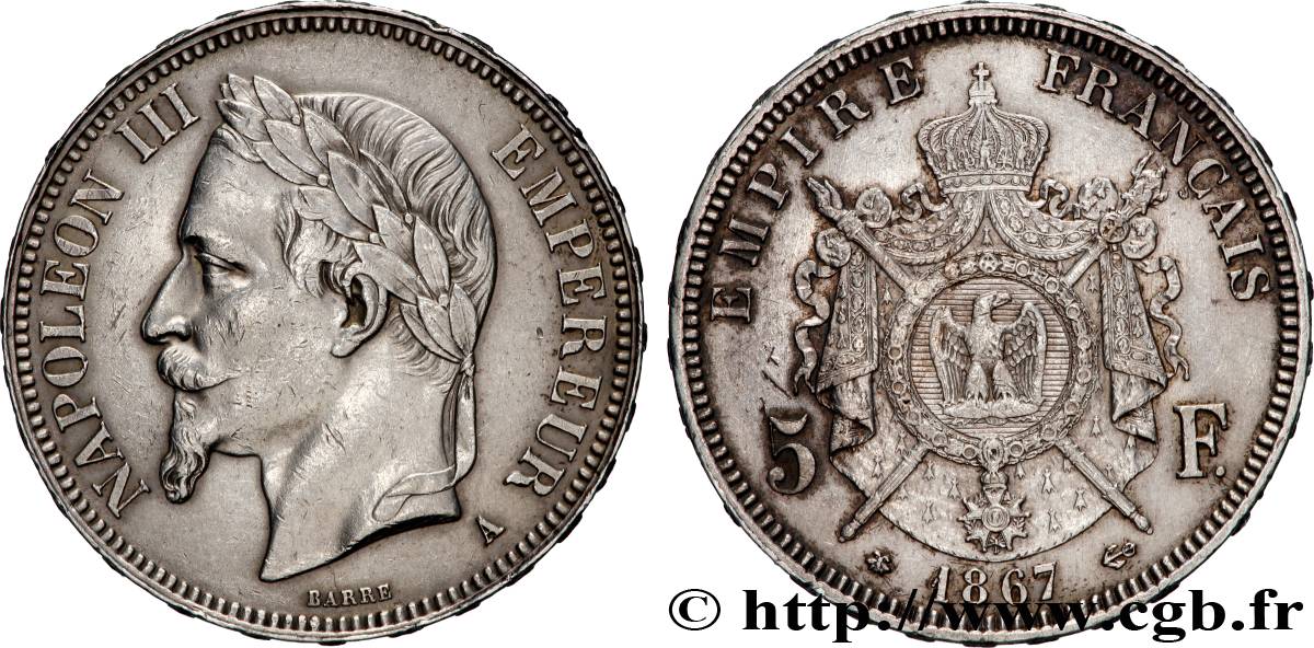 5 francs Napoléon III, tête laurée 1867 Paris F.331/10 TTB+ 