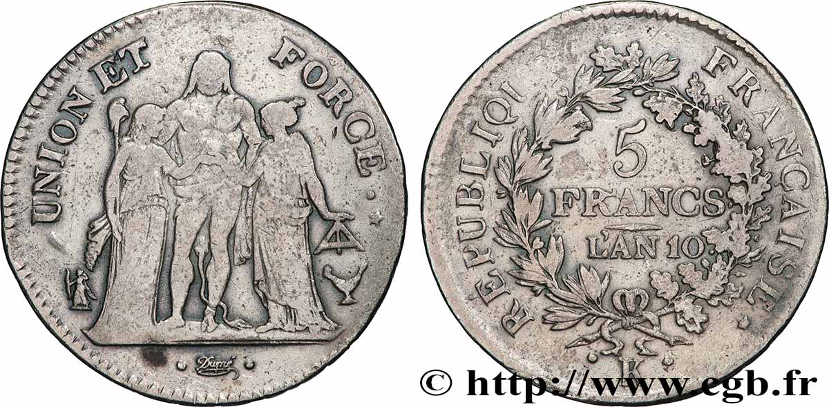 5 francs Union et Force, Union serré, seulement glands intérieurs 1802 Bordeaux F.288/176 TB 