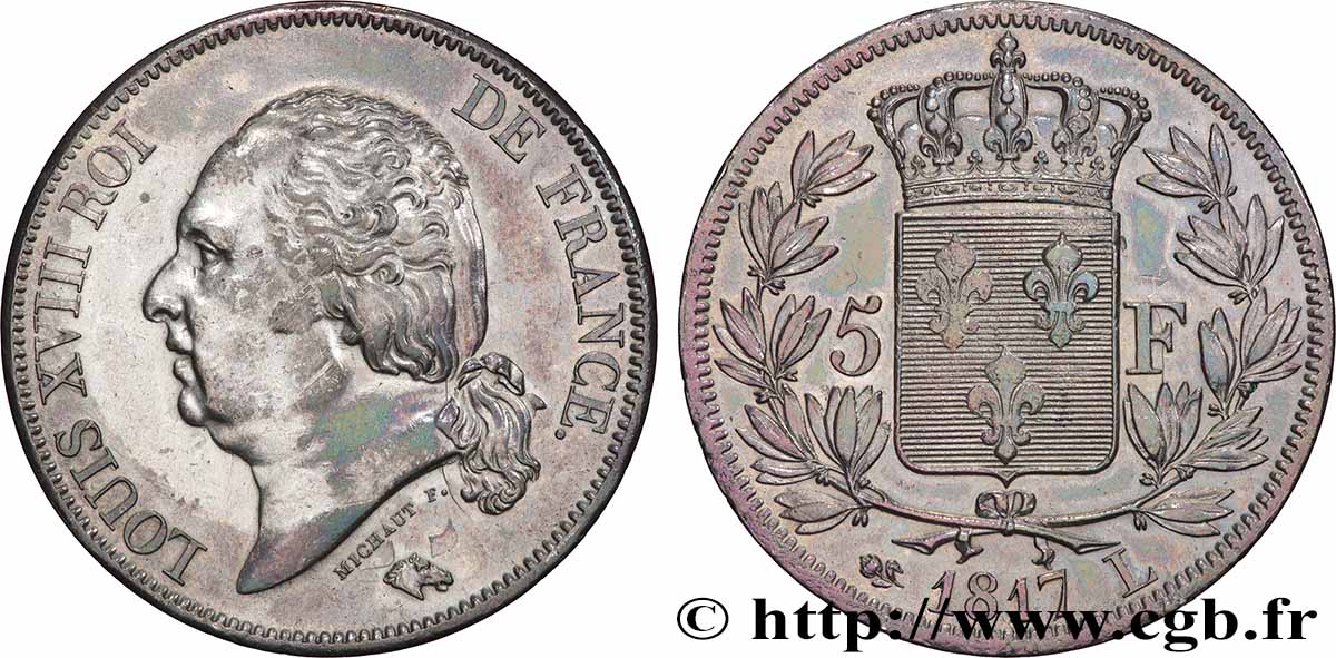 5 francs Louis XVIII, tête nue 1817 Bayonne F.309/22 TTB 