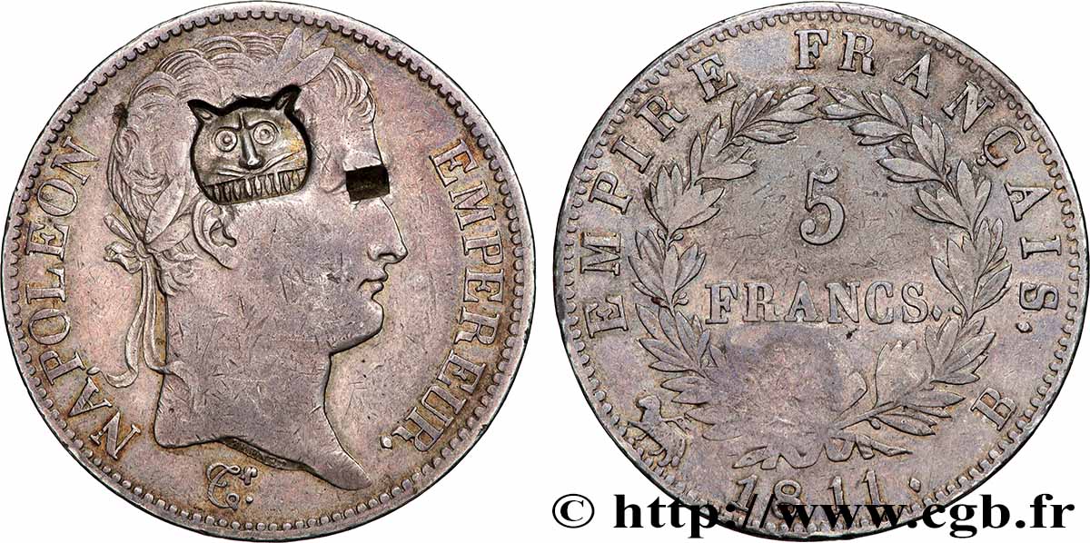 5 francs Napoléon Empereur, Empire français, contremarqué d’une tête de tigre 1811 Rouen F.307/28 var. TB 