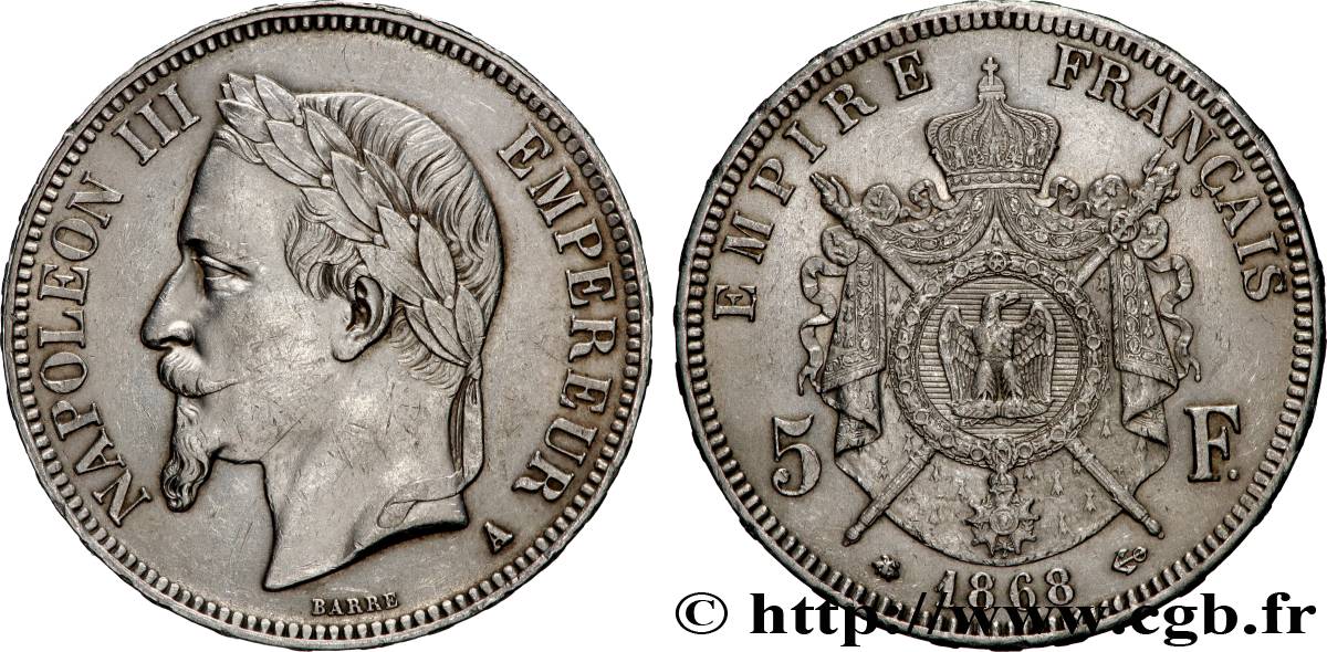 5 francs Napoléon III, tête laurée 1868 Paris F.331/12 TTB+ 
