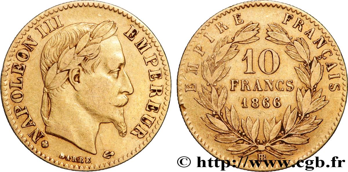 10 francs or Napoléon III, tête laurée 1866 Strasbourg F.507A/13 VF 