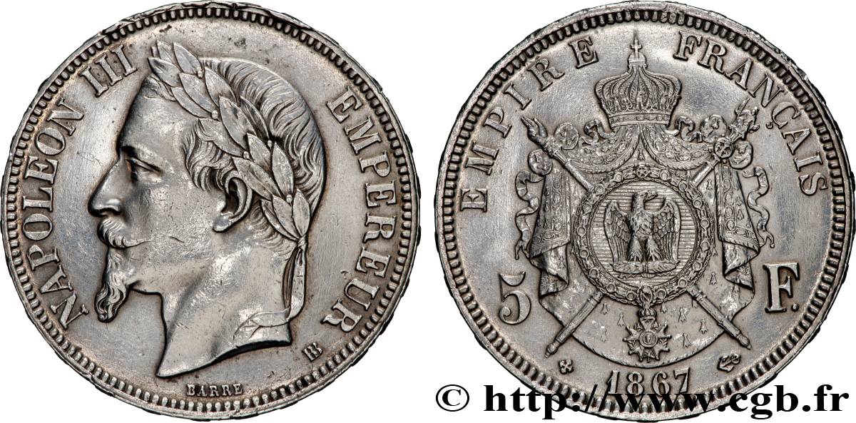 5 francs Napoléon III, tête laurée 1867 Strasbourg F.331/11 TTB+ 