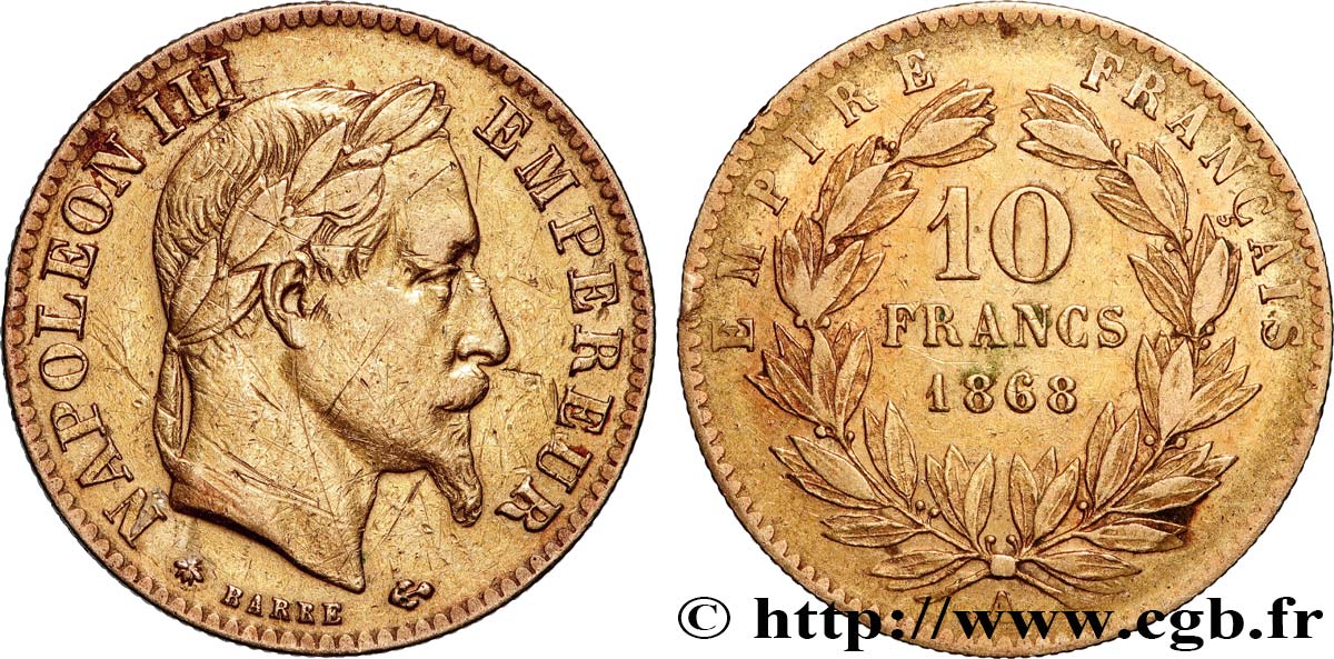 10 francs or Napoléon III, tête laurée 1868 Paris F.507A/17 TB 