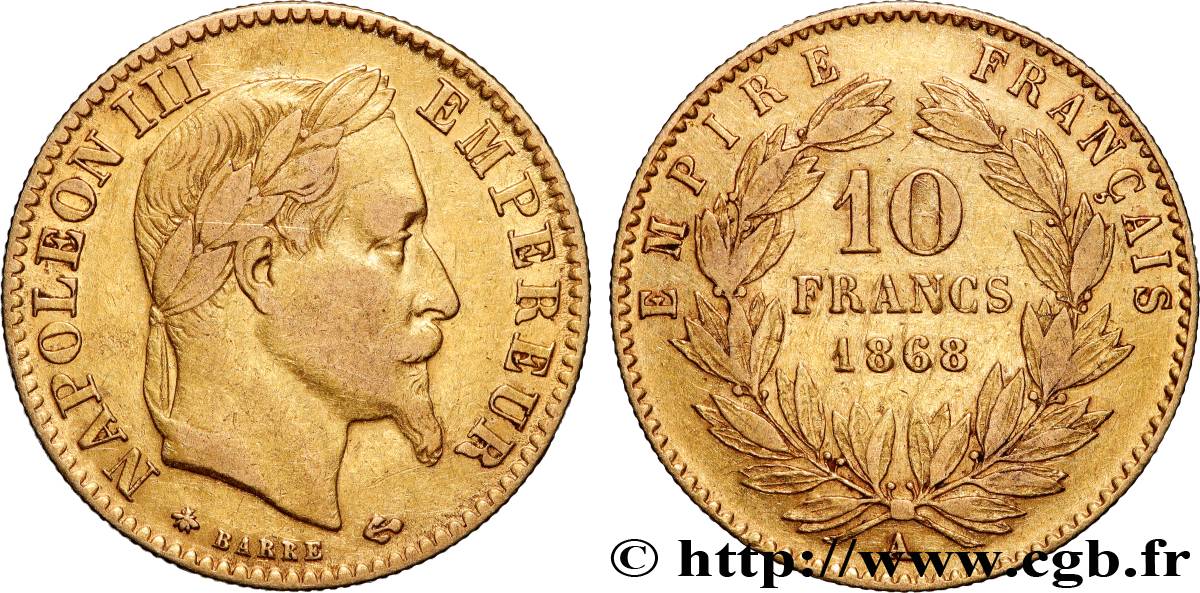 10 francs or Napoléon III, tête laurée 1868 Paris F.507A/17 TB 