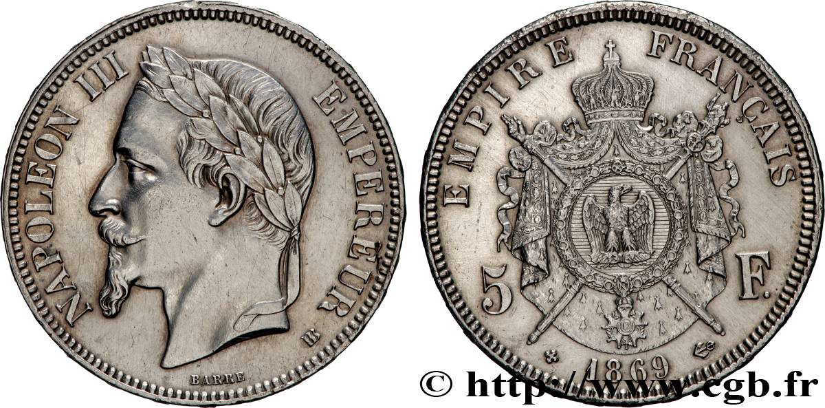 5 francs Napoléon III, tête laurée 1869 Strasbourg F.331/15 TTB+ 