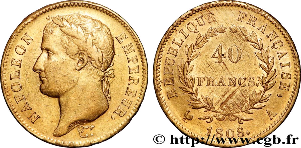 40 francs or Napoléon Ier tête laurée, République française 1808 Paris F.540/2 TTB 