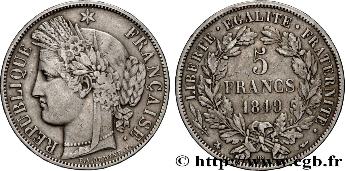 5 francs Cérès, IIe République 1849 Strasbourg F.327/3 TB+ 