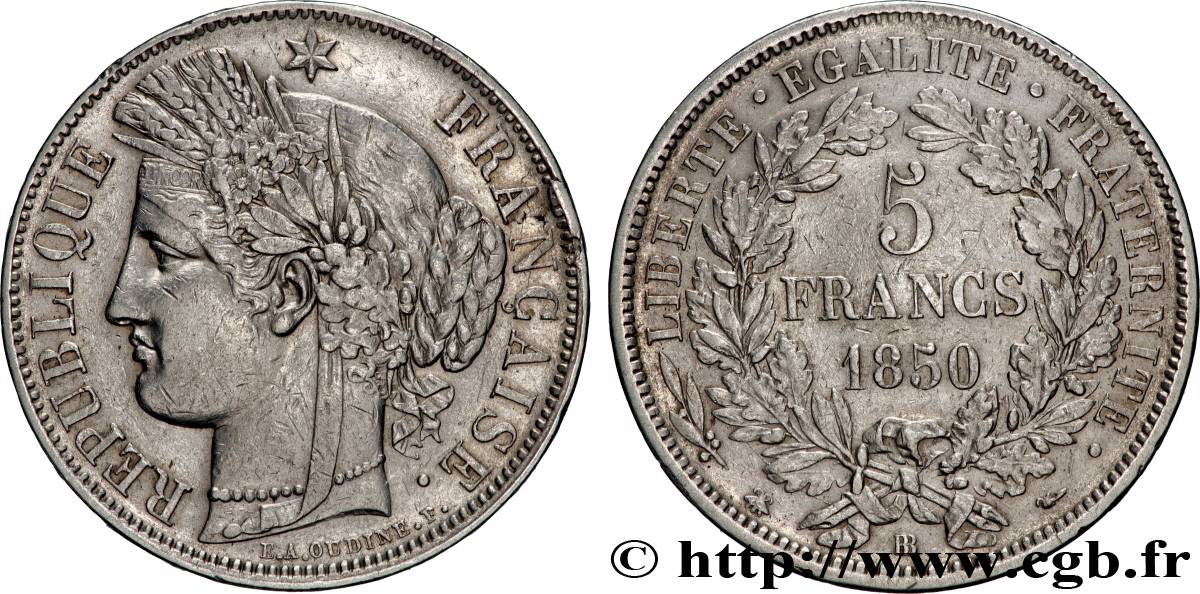 5 francs Cérès, IIe République 1850 Strasbourg F.327/5 TB+ 