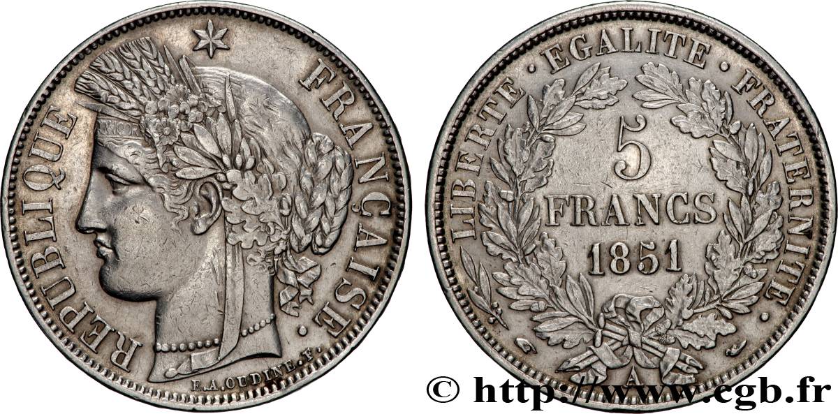 5 francs Cérès, IIe République 1851 Paris F.327/7 TTB 