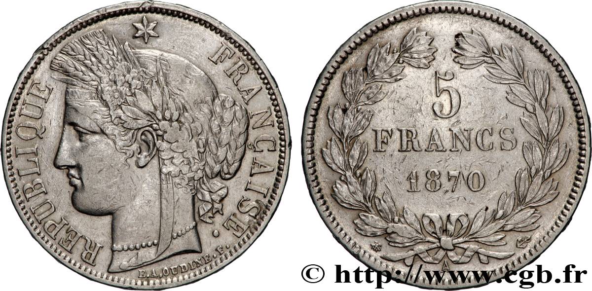5 francs Cérès, sans légende 1870 Paris F.332/1 TB+ 