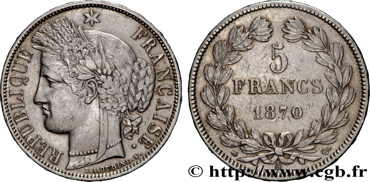 5 francs Cérès, sans légende 1870 Paris F.332/1 TB+ 