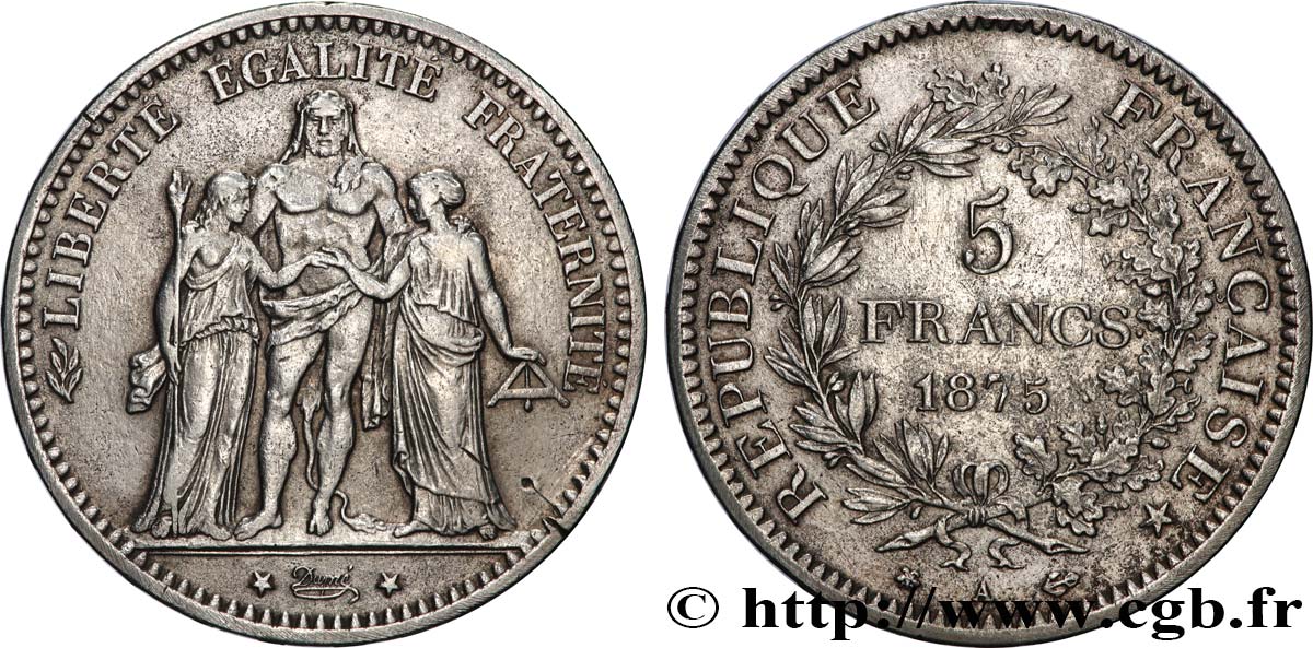 5 francs Hercule, petit A 1875 Paris F.334/15 TB+ 