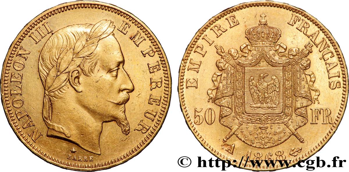 50 francs or Napoléon III, tête laurée 1868 Paris F.548/10 SUP 