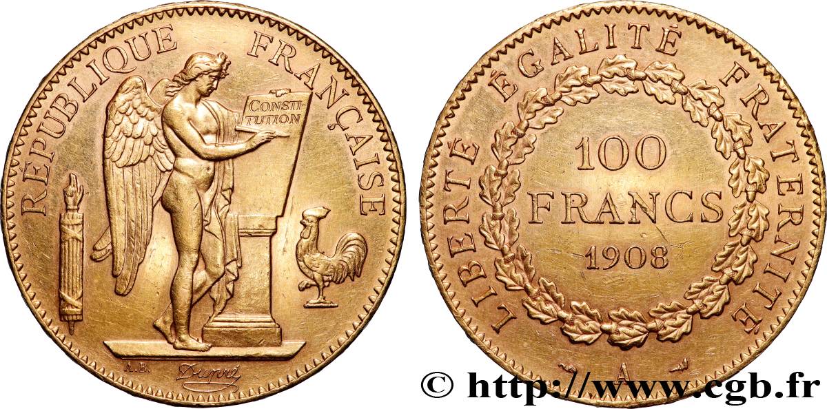 100 francs génie, tranche inscrite en relief liberté égalité fraternité 1908 Paris F.553/2 SPL 