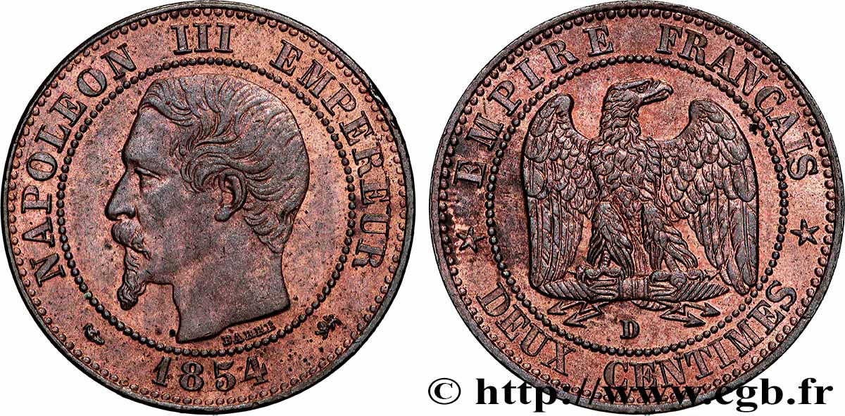 Deux centimes Napoléon III, tête nue 1854 Lyon F.107/15 SPL62 